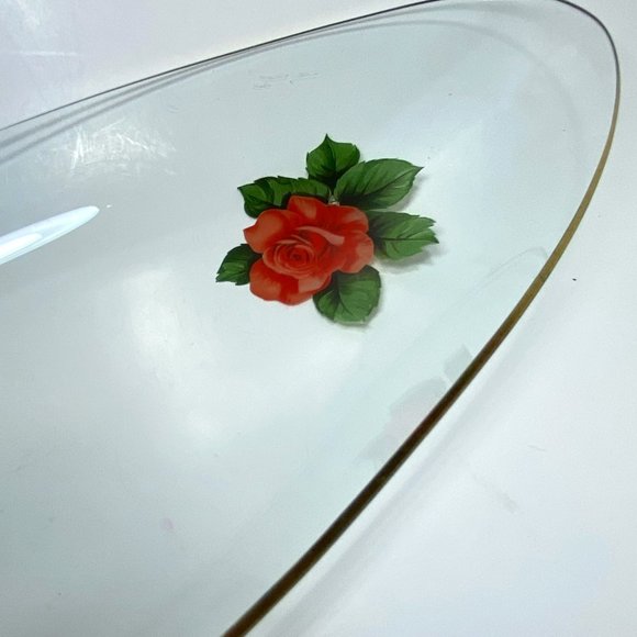 Vintage Long Oval Clear Glass Dish Serving Plate with Flower Decals Gold Trim - Picture 3 of 4